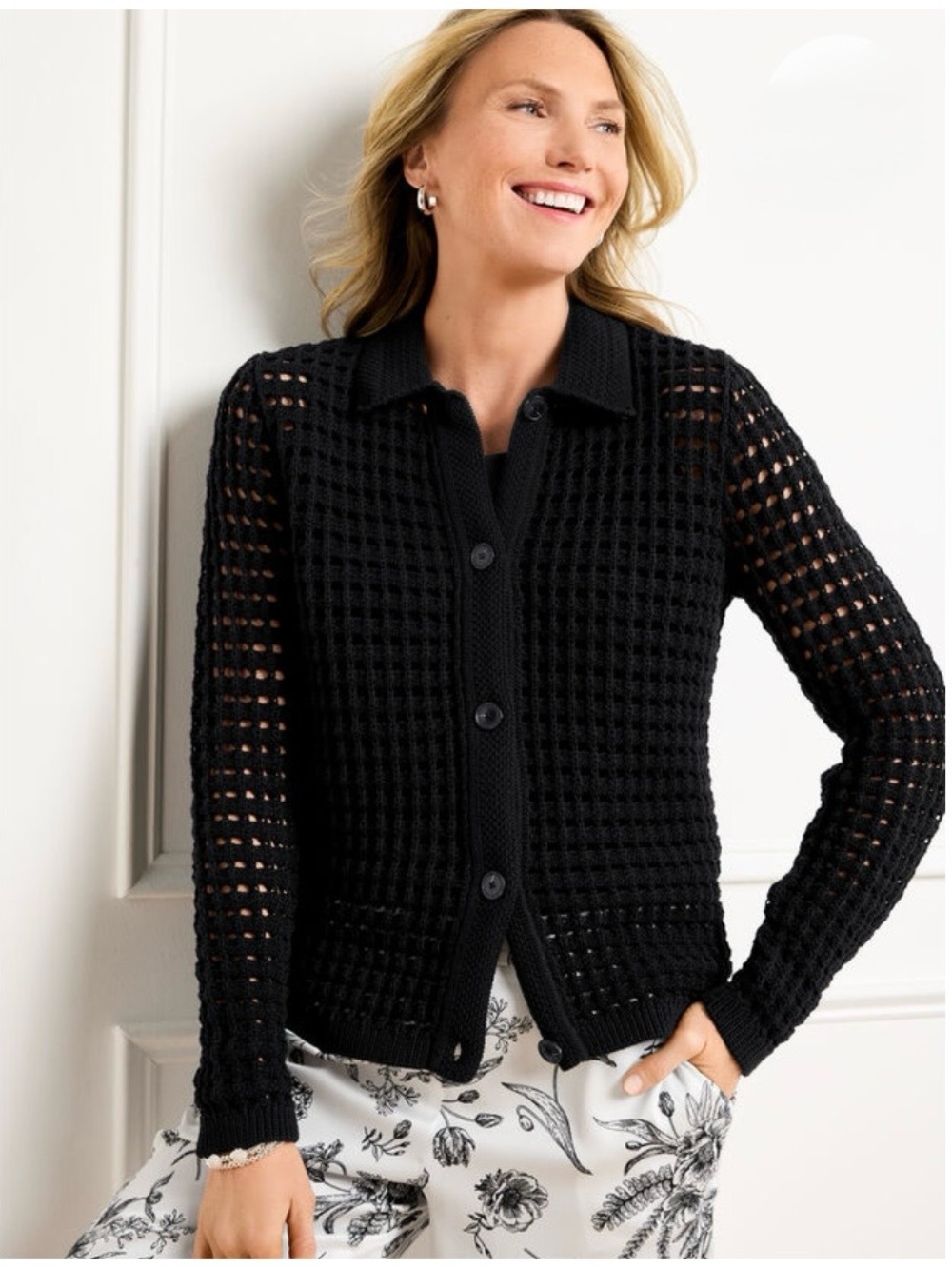 Talbots Black Open-Weave Button Front Cardigan